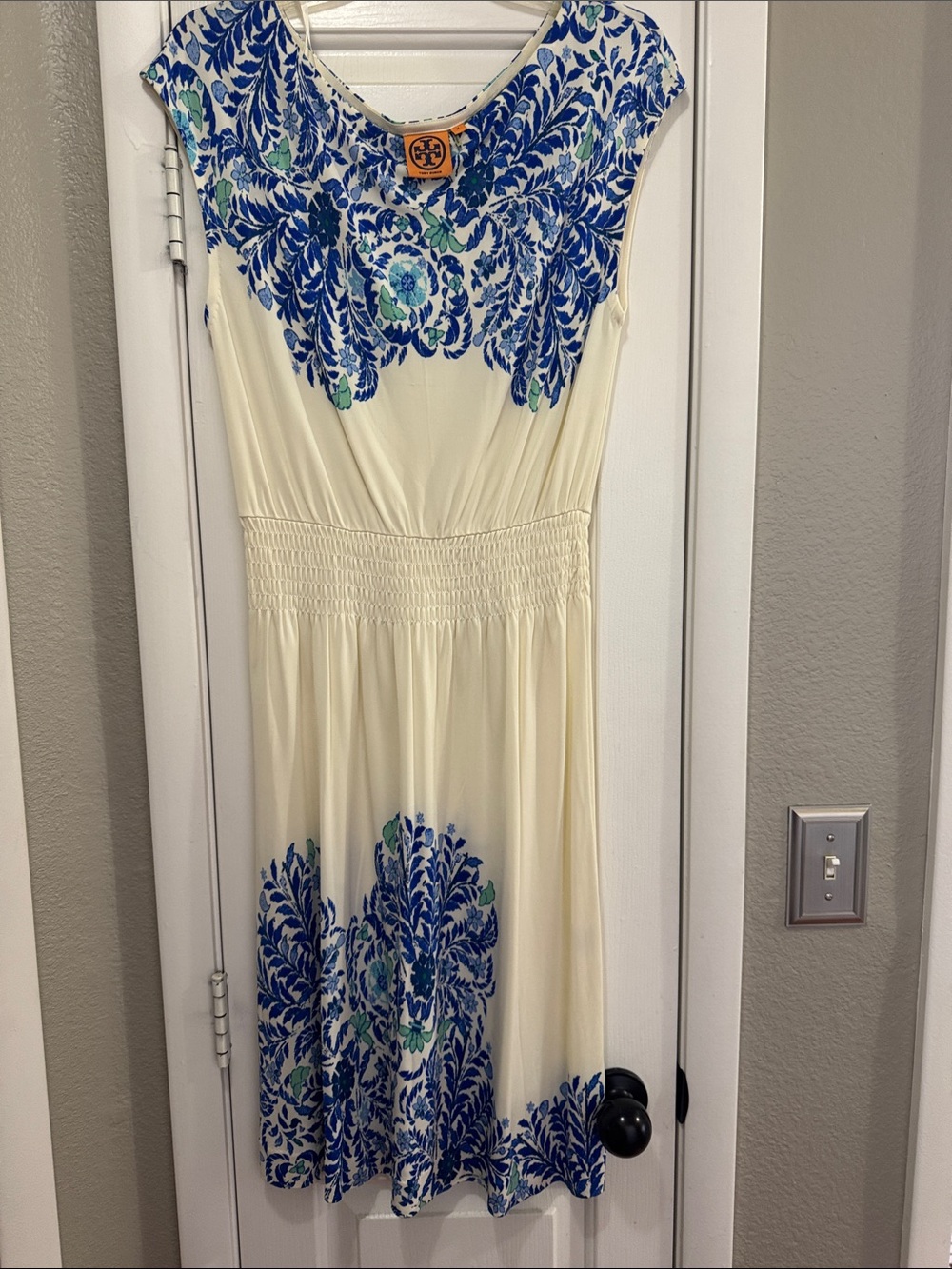 Tory Burch Cream Midi Dress with Blue & Teal Floral Print